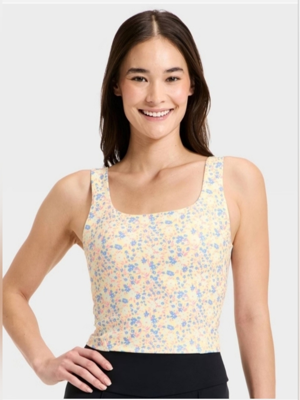All In Motion™ Super Flex Square Neck Ultra Cropped Tank Top in yellow floral